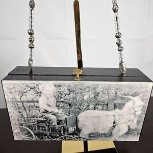 Vintage Handmade Cigar Box Purse with Beaded Strap Horse & Carriage Design